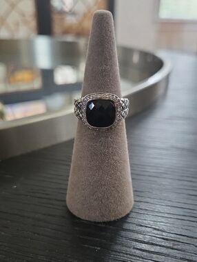 SCOTT KAY Sterling Silver Black Onyx and Ddiamond Cushion-Cut Ring